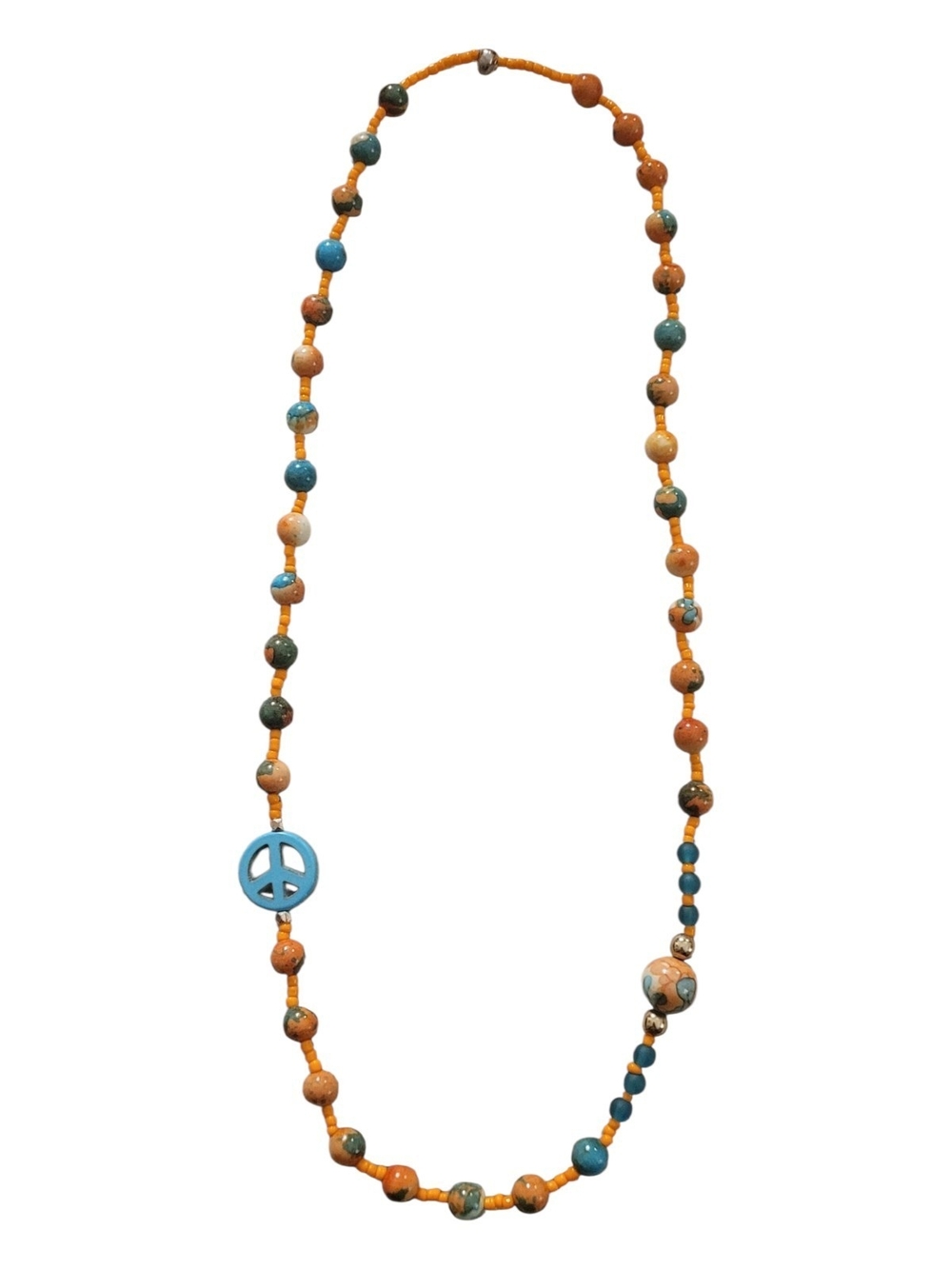 Hand Crafted Turquoise & Orange Peace Sign Beaded Necklace